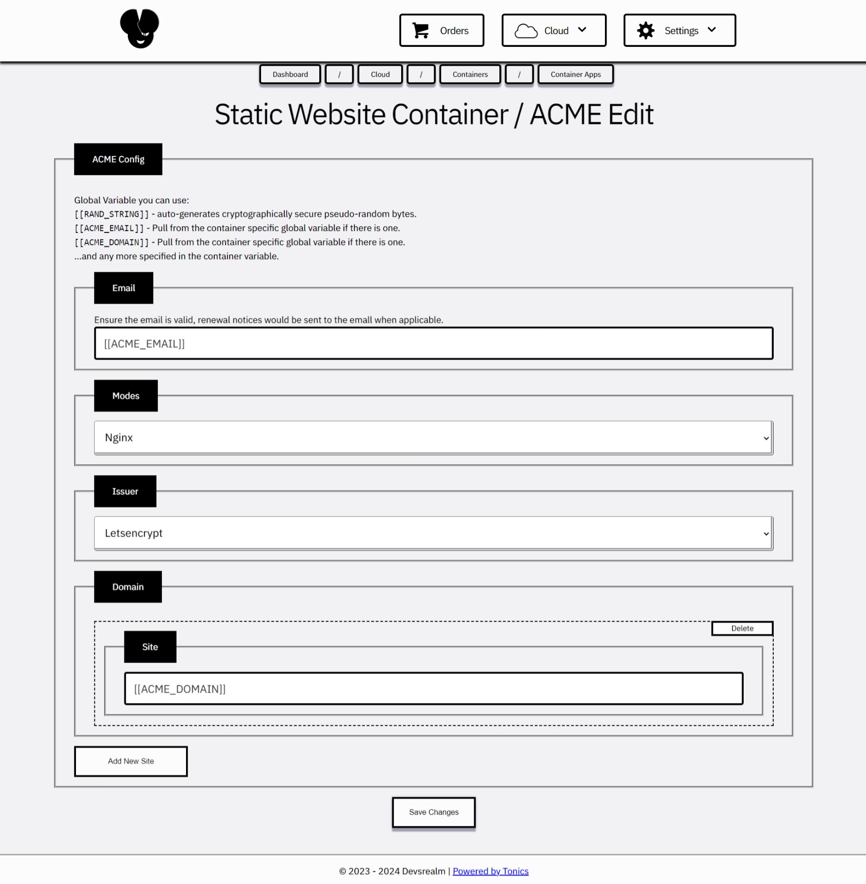 Container variable in acme app