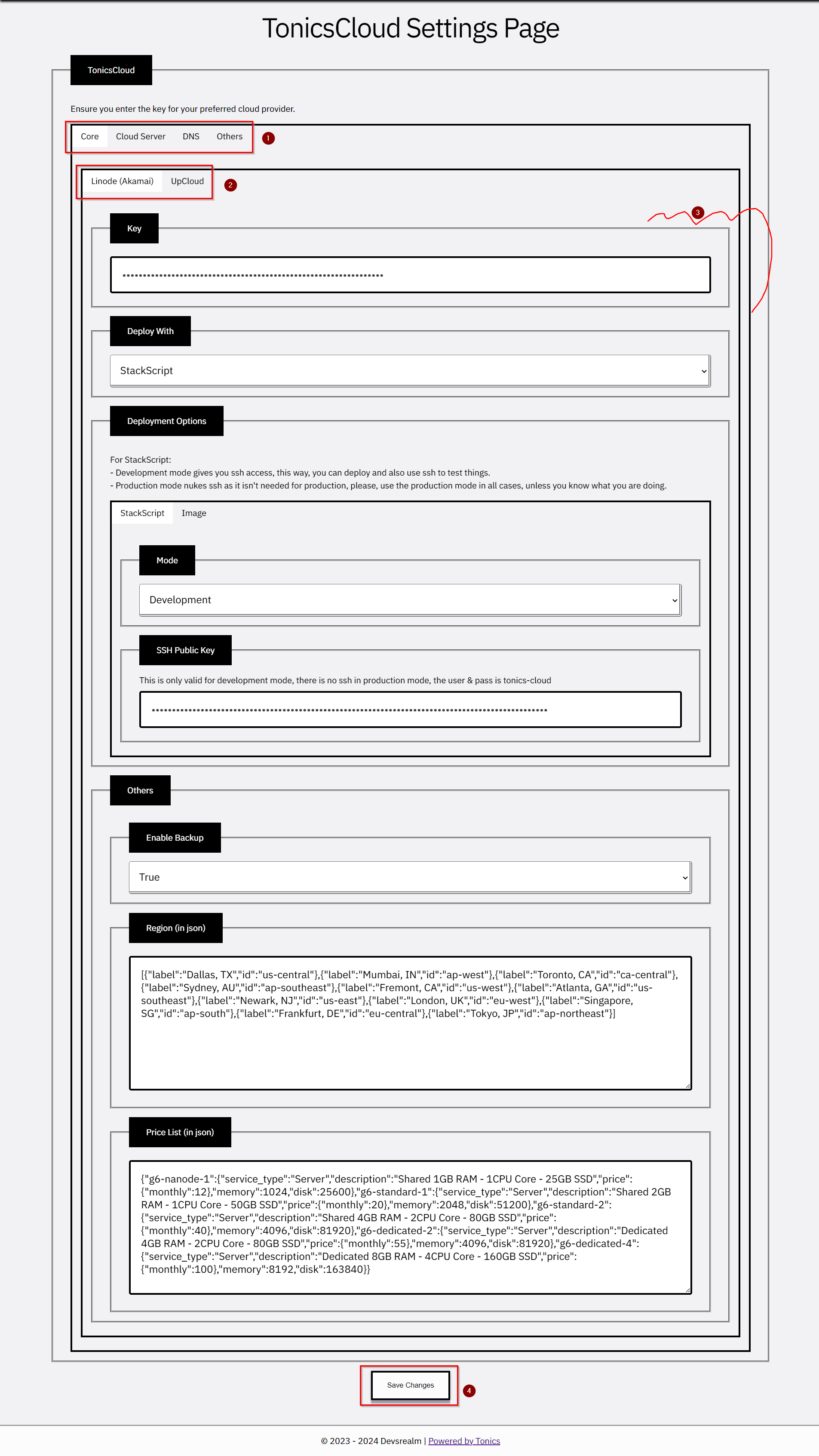 TonicsCloud Settings Page