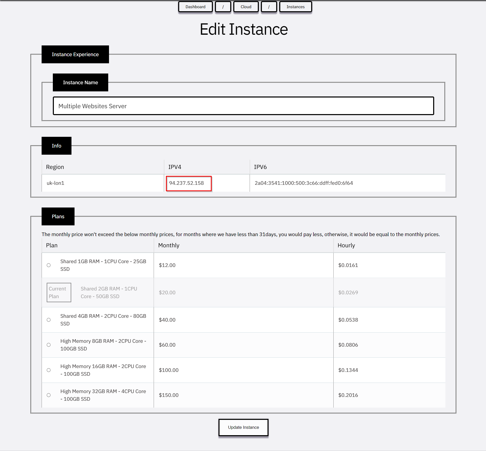 Edit Instance Page