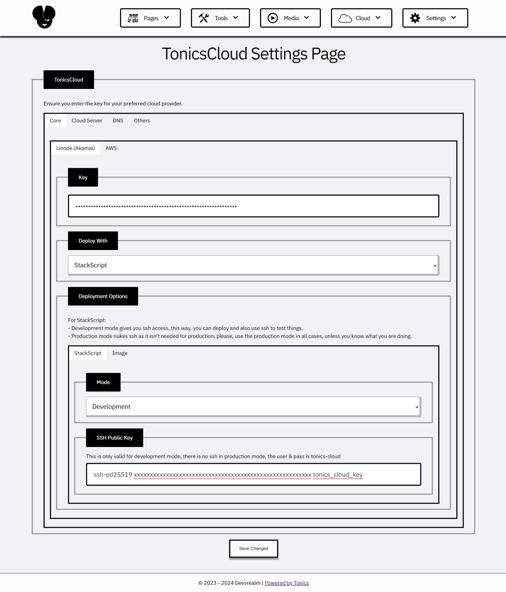 TonicsCloud Settings Page