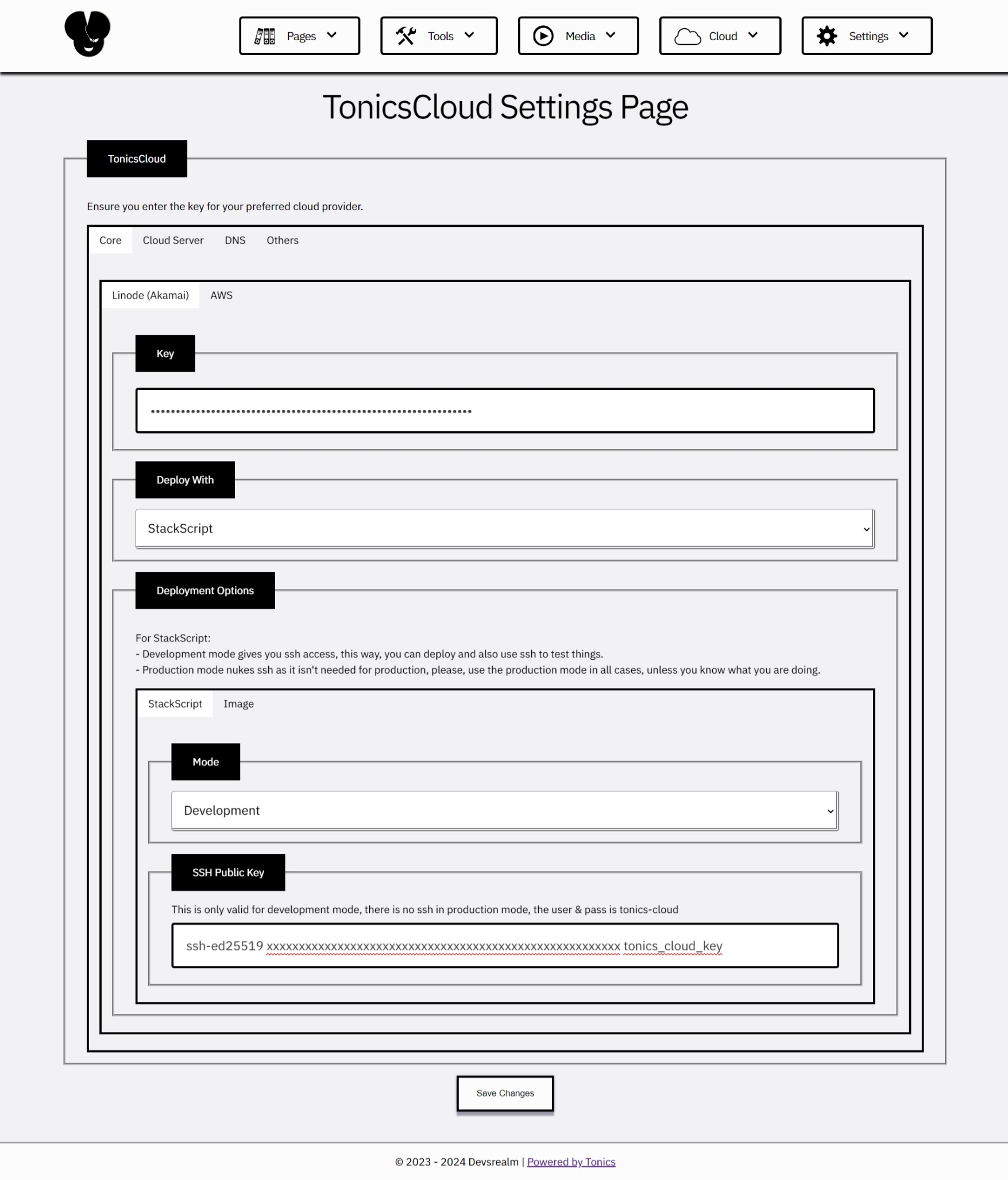 TonicsCloud Settings Page